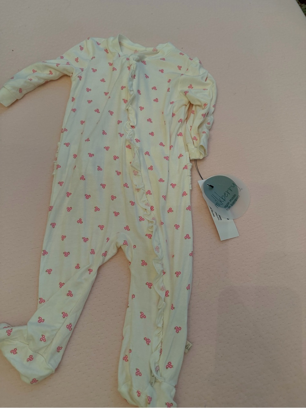 Baby Ruffle-Trim Footed One-Piece in Cream with Pink Floral Print